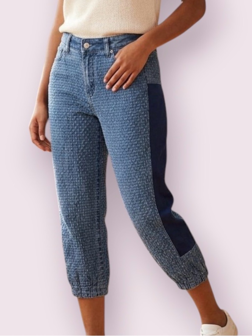 Reworked Textured Denim Capri Jeans Contrasting Side Stripe Blue 32 Waist